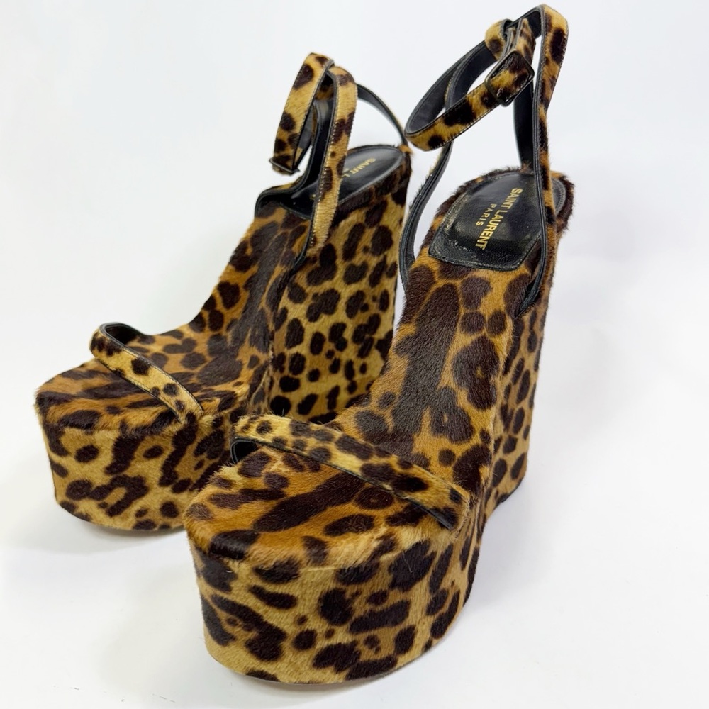 Saint Laurent Leopard Print Platform ankle strap Sandals wedges size 38.5
